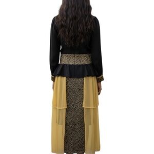 Late 1980s black and gold 100% silk peplum evening dress by Cache